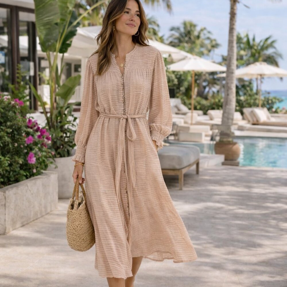 Ulla Johnson Fiora Belted Cotton Stripe Boho Midi Dress Brown NWOT